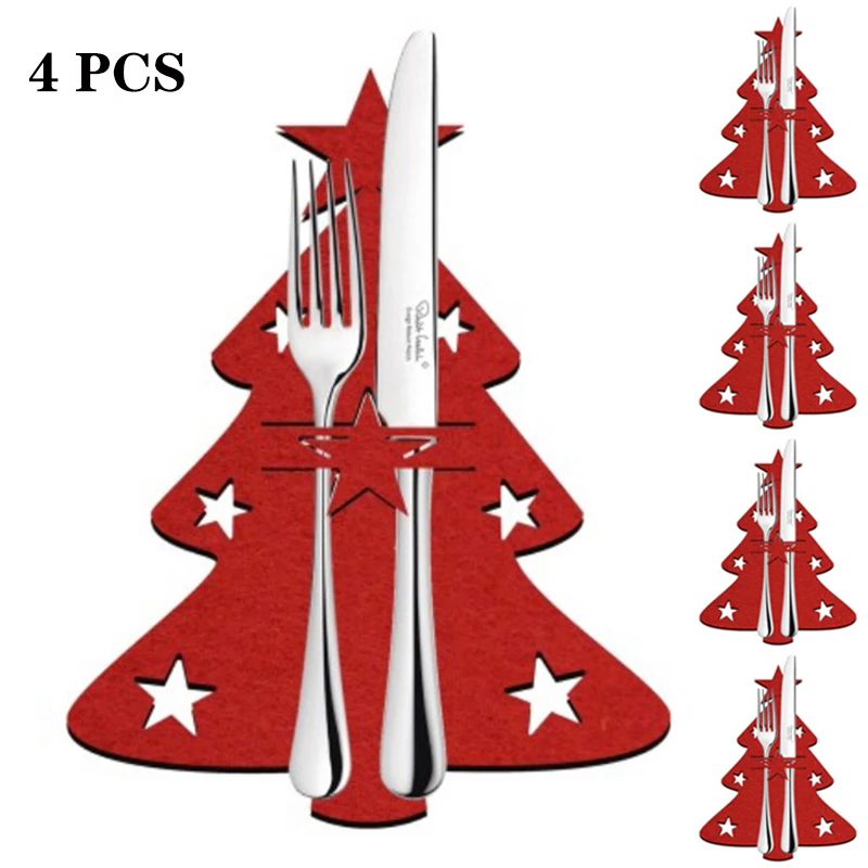

4PCS Christmas Knife and Fork Holder Bags Elk Xmas Tree Pocket Cutlery Bag Non-woven Fabric Cookware Organizer Table Decorations