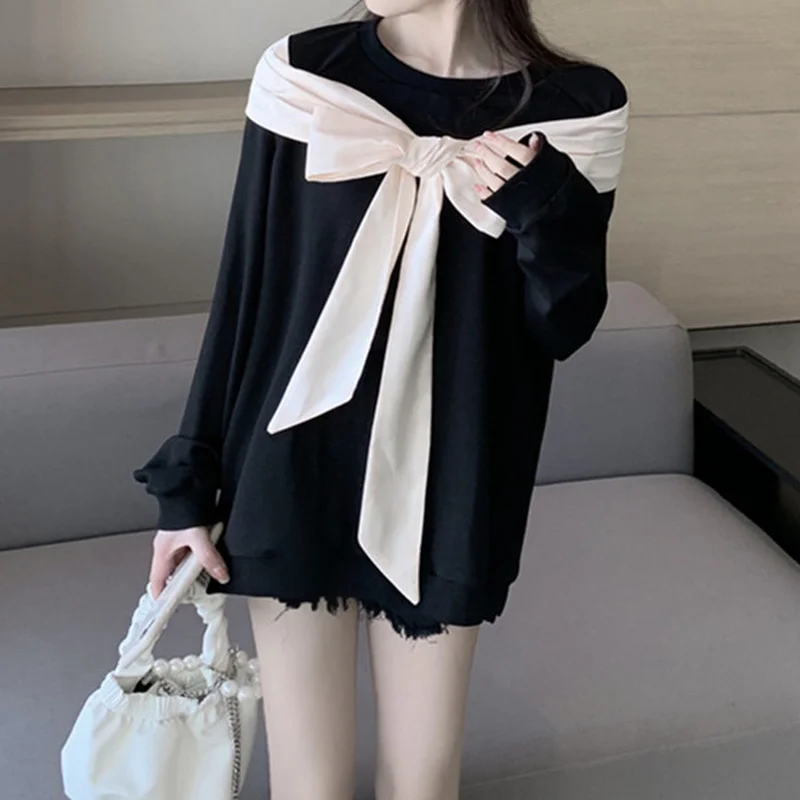

New Autumn Winter Korean Loose Fashion All-Match Long Sleeve Sweatshirt Shawl Bow Fake Two Pieces Hedging Women 2021 Pullover