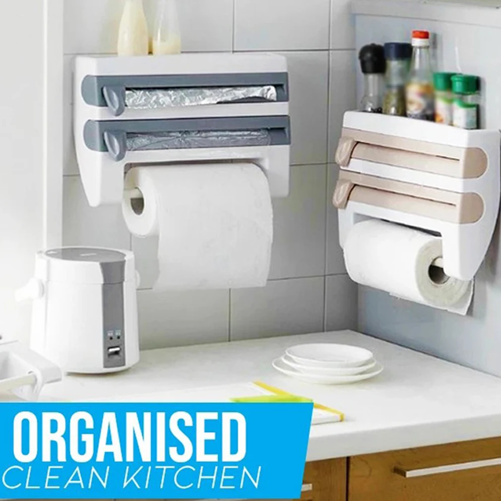 

4 In 1 Wall-Mount Paper Towel Holder Sauce Bottle Rack Cling Film Cutting Holder Mutifunction Kitchen Organizer Racks & Holders