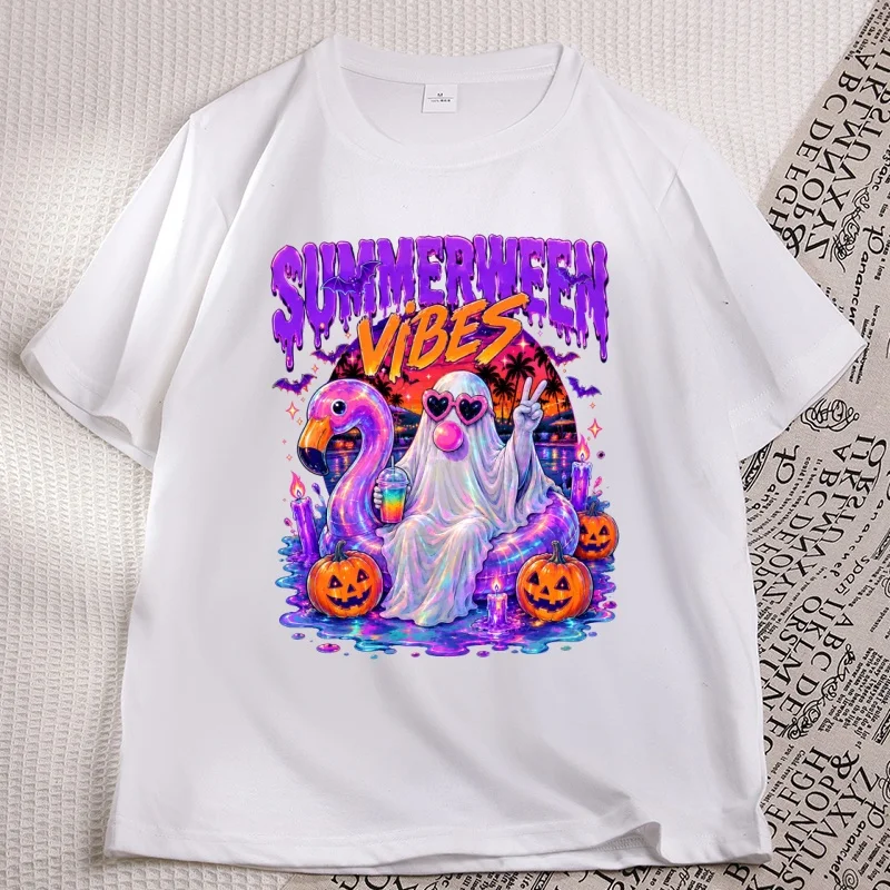 Фото Футболки с принтом Spooky Pool Float Blowing Bubble Gum, модные осенние футболки с цветочным принтом, повседневные футболки с круглым вырезом и принтом на Хэллоуин №3