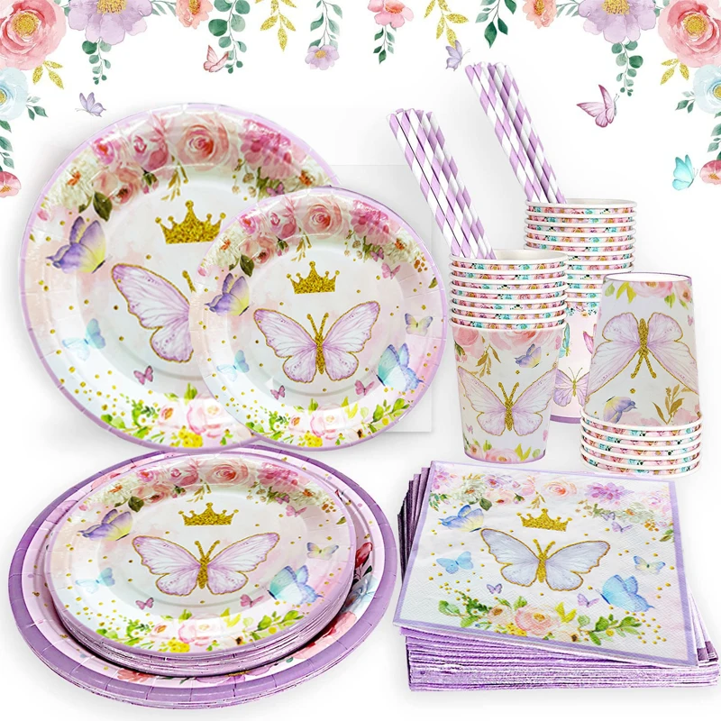 

8 Guests Pink Butterfly Spring Flowers Disposable Tableware Set Butterfly Napkin Plate Cup Happy Birthday Party Decor Girl Baby