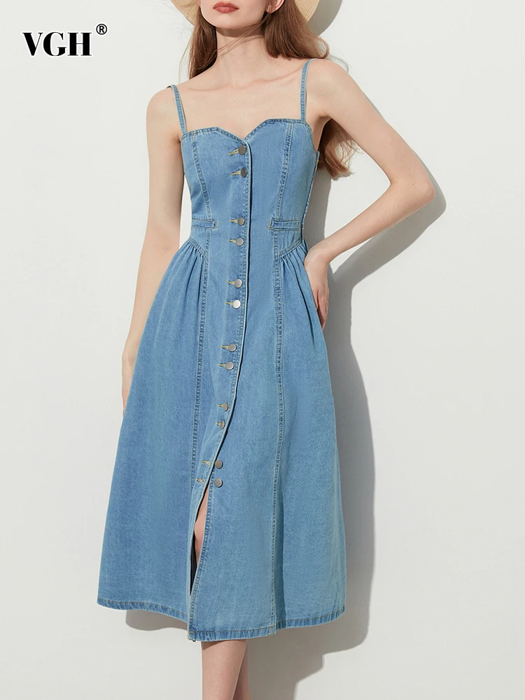 

VGH Camisole Denim Dresses For Women Square Collar Sleeveless High Waist Backless Spliced Buttons Folds Casual Dress Female New