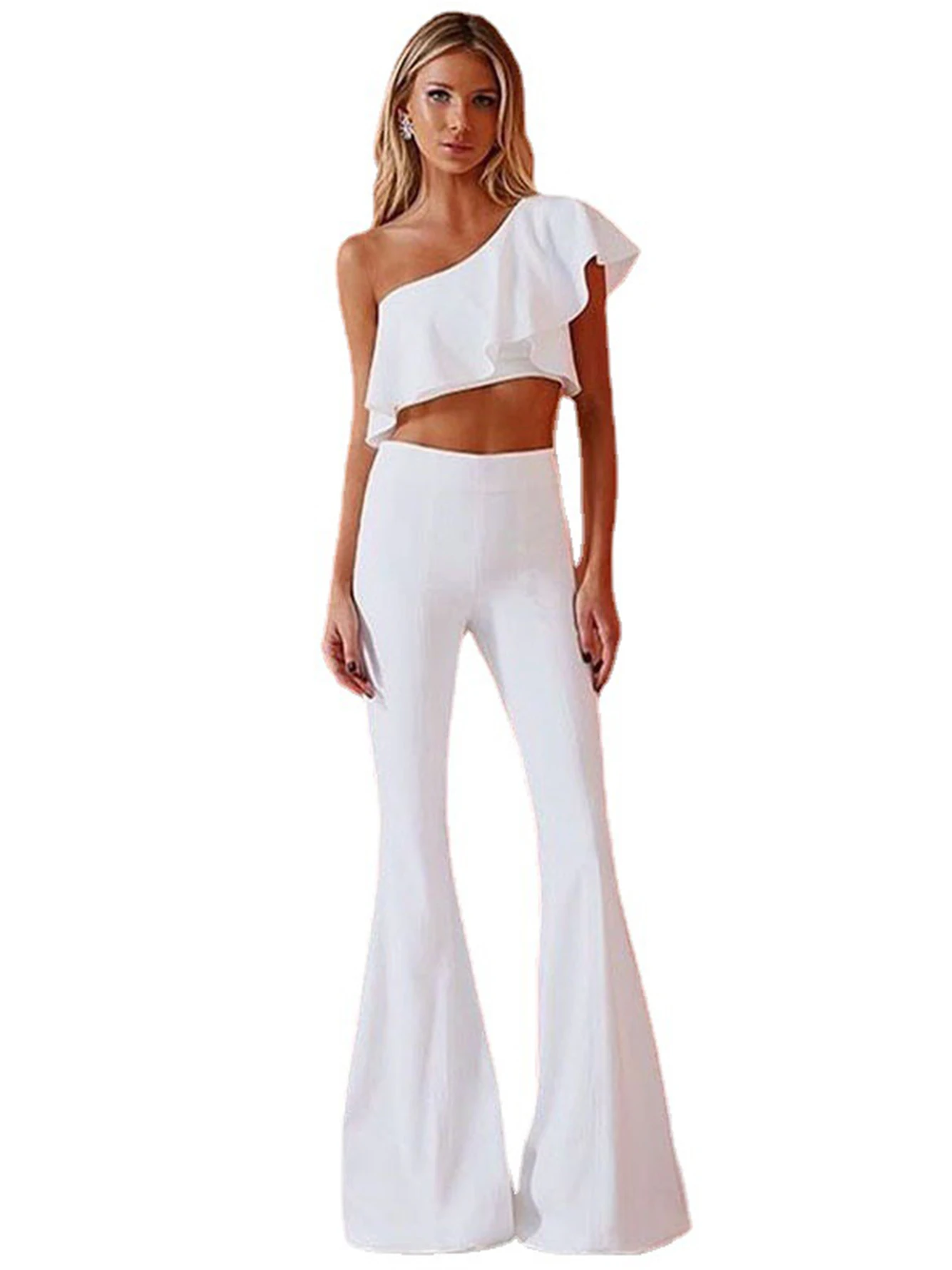 Adyce 2022 New Summer Women's White 2 Two Pieces Sets Sexy One Shoulder Ruffles Tops &ampFull Pants Fashion Club Party Outwear |