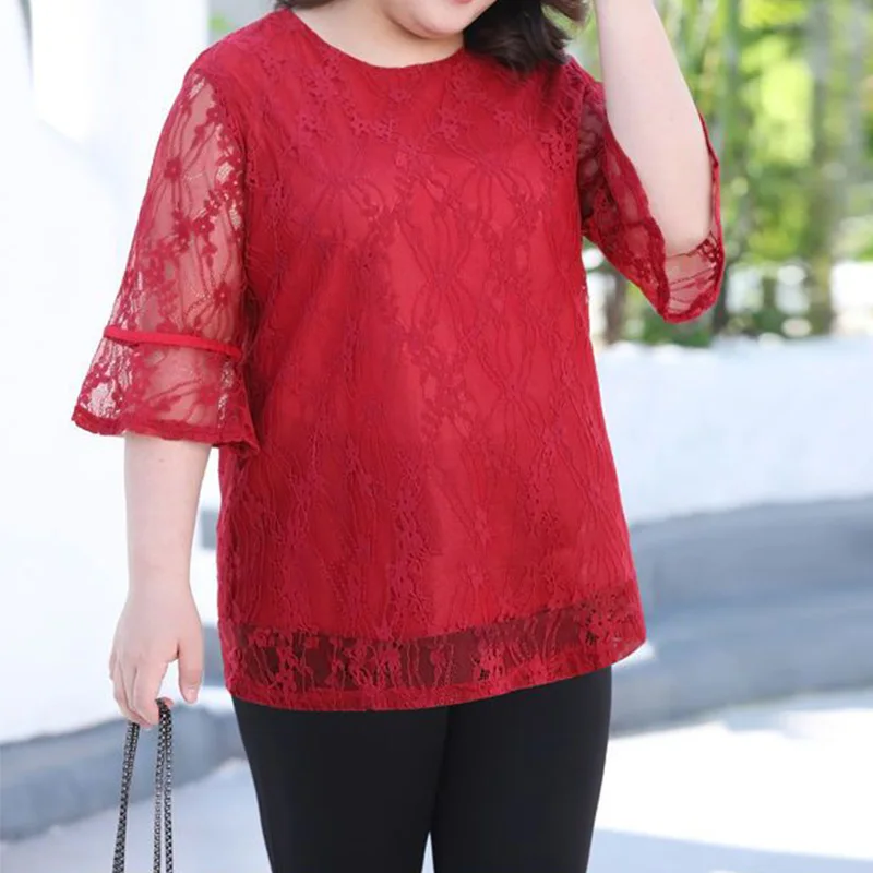 Spring Summer Simplicity Plus Size Hollow Out Women's Top Lace Patchwork Pleated Solid Color Nine Points Sleeve Loose T-Shirt