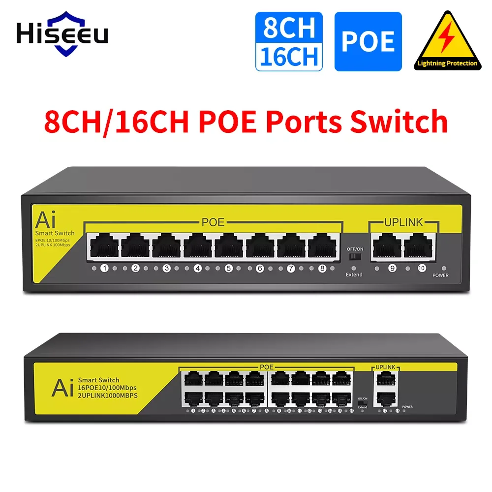 

Hiseeu 48V 8/16 Ports POE Switch Ethernet 10/100Mbps IEEE 802.3 af/at for IP Camera/CCTV Security Camera System/Wireless AP ft