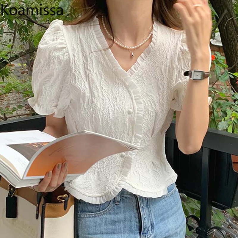 

Koamissa Casual Women Flower Blouse Short Sleeves Knitted Summer All-match V-neck Shirt Fungus Edge Slim Puff Sleeves Crop Blusa