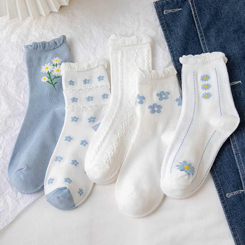 

Носки женские весенние носки средней длины хлопковые синие белые кружевные носки милые носки в японском стиле колледжа с цветочным принтом
