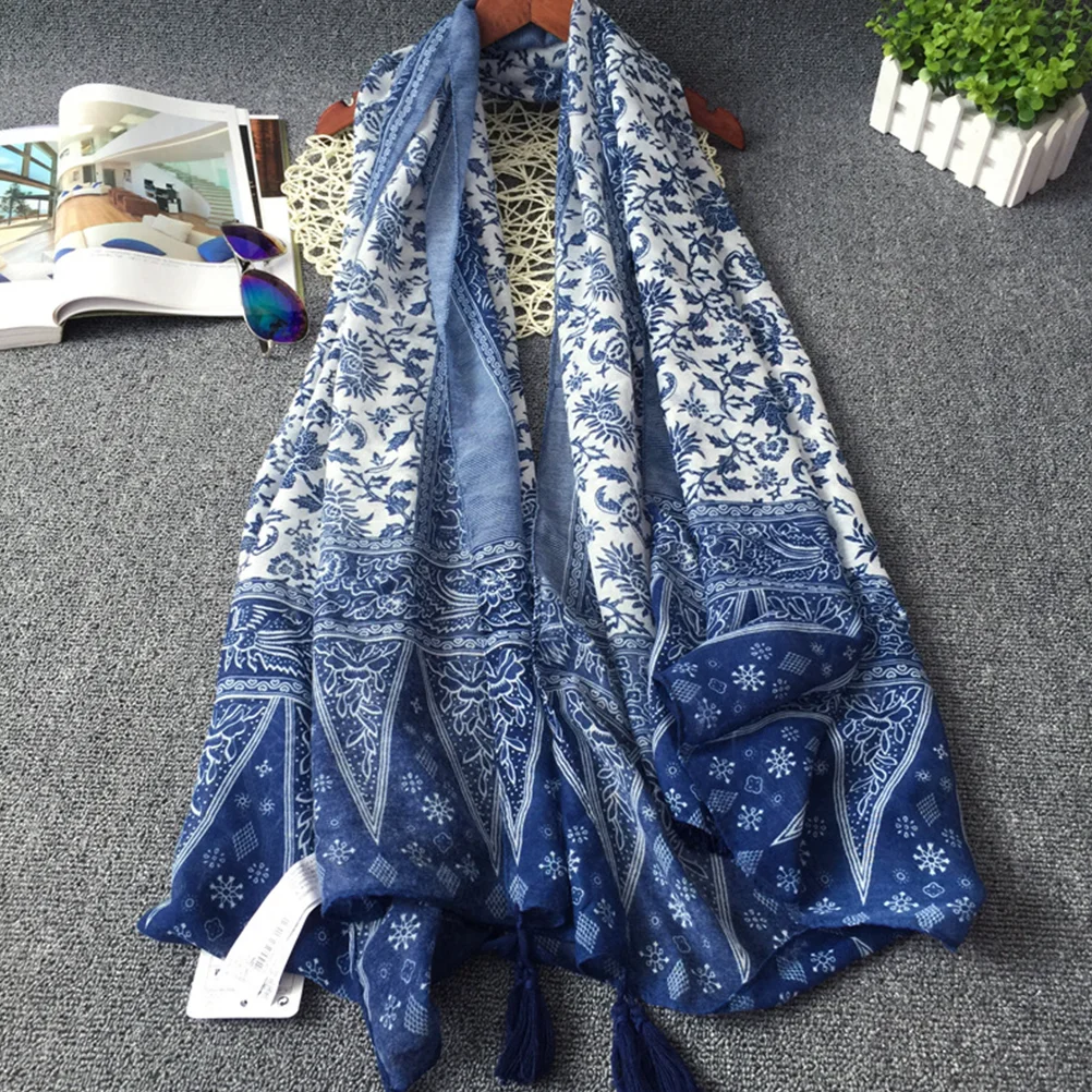 Синий и белый фарфоровый шарф с кисточками шаль накидки для хлопковой