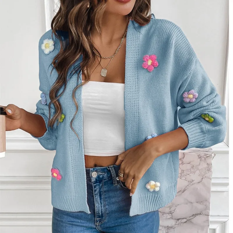Милый вязаный кардиган свитер пальто женский крючок с цветочным