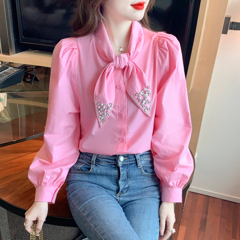 

Облегающая шифоновая женская блузка, летняя Однотонная рубашка с бриллиантами, повседневный Топ с длинным рукавом, модная новинка 2022, женск...