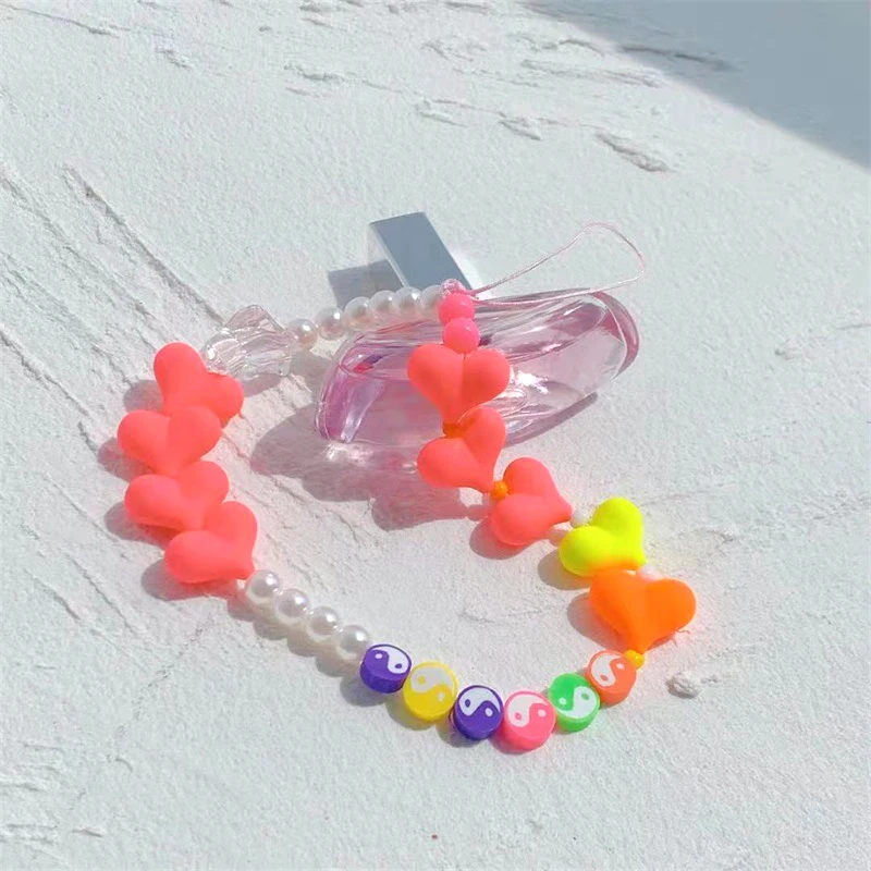Colorful Heart Pearls Key Chain Ladies Fashion Cute Romantic Vintage Keychain Charm Korea 90s Aesthetic Bag Phone Chain Gift New