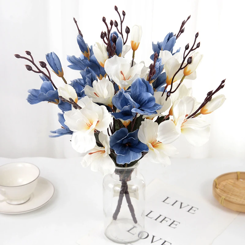 

5Forks 20Heads Artificial Magnolia Flower Silk Simulation Bouquet for Home Living Room Vase Wedding Party Decoration Fake Flower