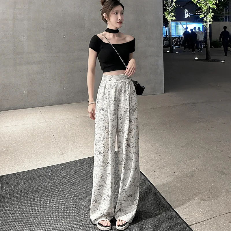 

Chiffon Wide-leg Pants Women Summer New Floral High Waist Loose Vertical Ink Printing Long Pants Y2k Trouers