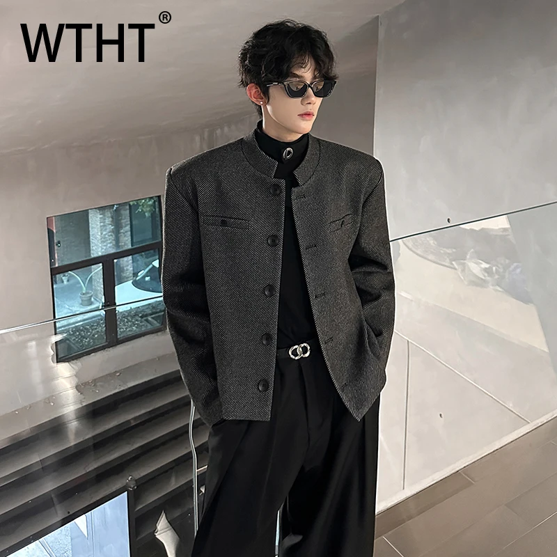 Фото WTHT модные мужские однотонные подплечники, повседневные пальто, модные куртки с воротником-стойкой в корейском стиле Mlae, осень 2021, 2A2155 №1