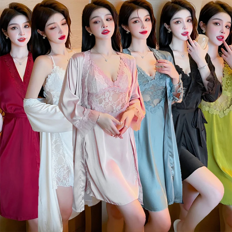 

2022 Summer 2PCS Sexy Lace Lingerie Nightgowns Robes Sets for Women Korean Silk Satin Bathrobes Sleepwear Nightdress Night Dress