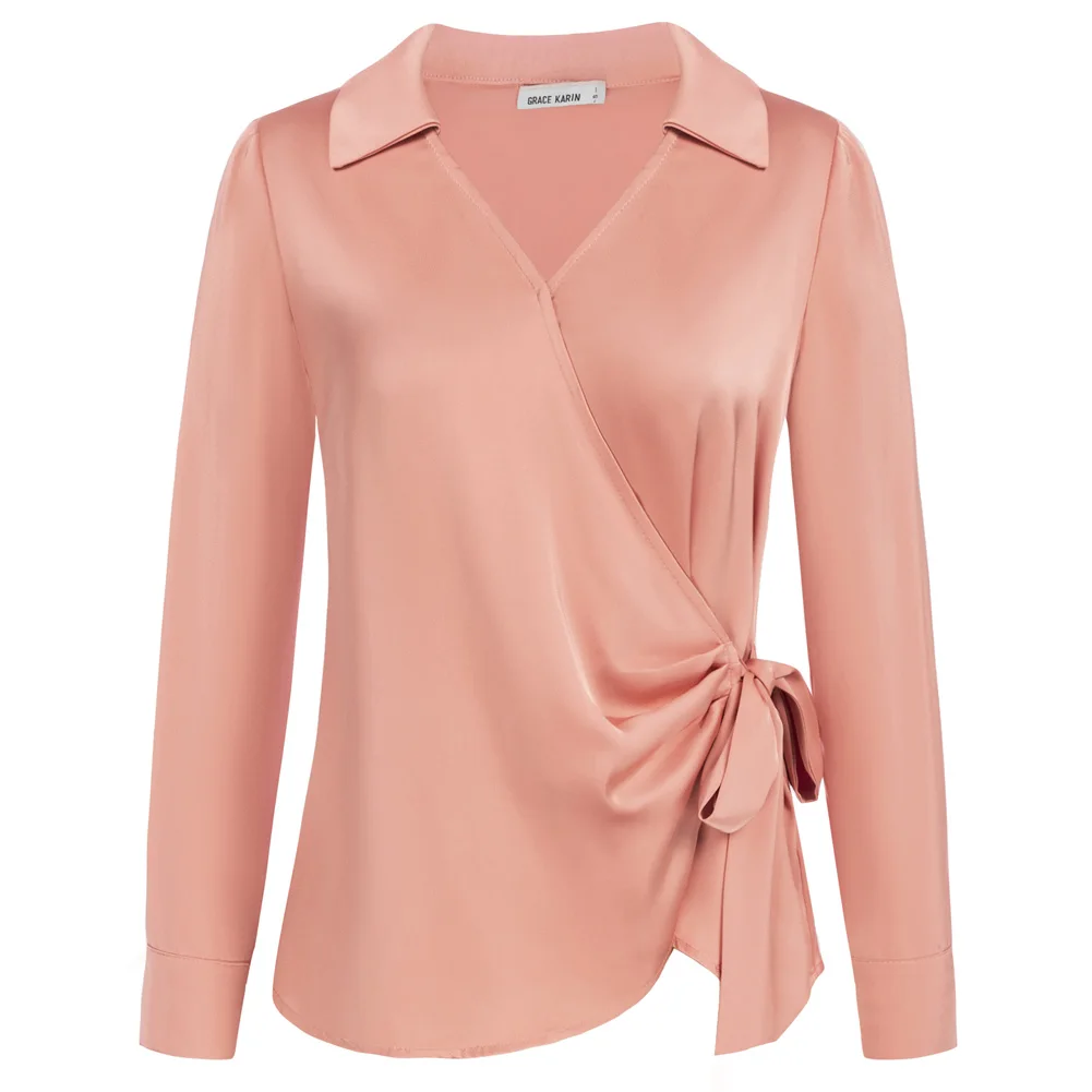 GK Женские блузки и рубашки Атласная гладкая композиция Галстук с v-образным