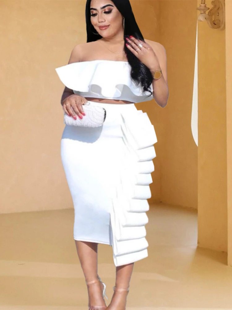 Women 2 Piece Sets Crop Tops Skirts Sexy Dinner Ruffles Off Shoulder Slim Jupes 2022 Fashion New Summer Backless Party Wear Suit