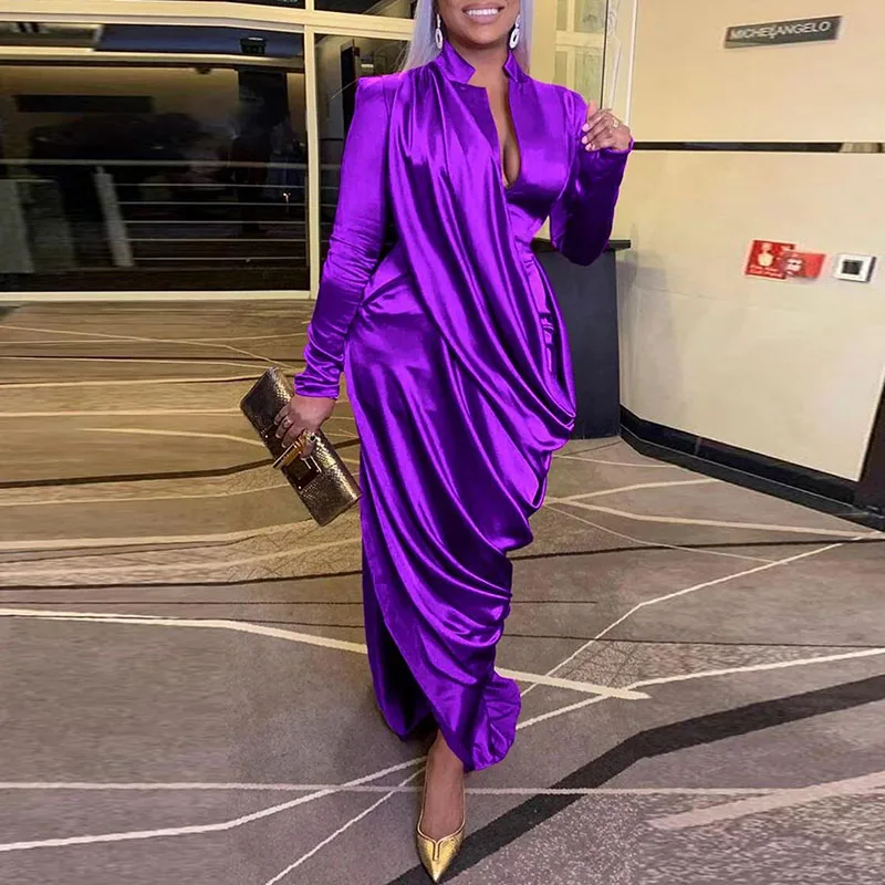

Solid Satin Maxi Party Dress Women Evening Nightclub Ruched Long Sleeve Bodycon Long Dress Elegant Celebrity Formal Dresses Robe