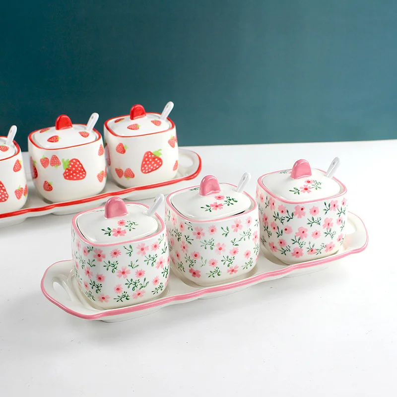

Seasoning Pot Set Broken Flower Seasoning Box Ceramic Salt Shaker Vinegar Bottle Salt Sugar Chili Box Kitchen Food Dispenser