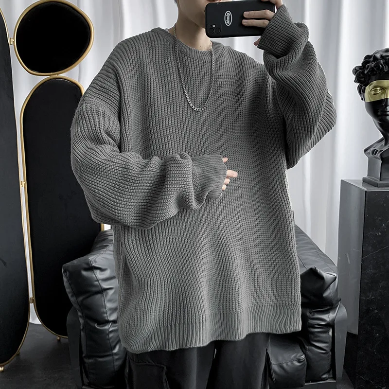 

SALSPOR Men's Top Hong Kong Style Bottoming Knitwear Thickened Thermal Pullover Loose Casual Sweater Solid Round Neck Top