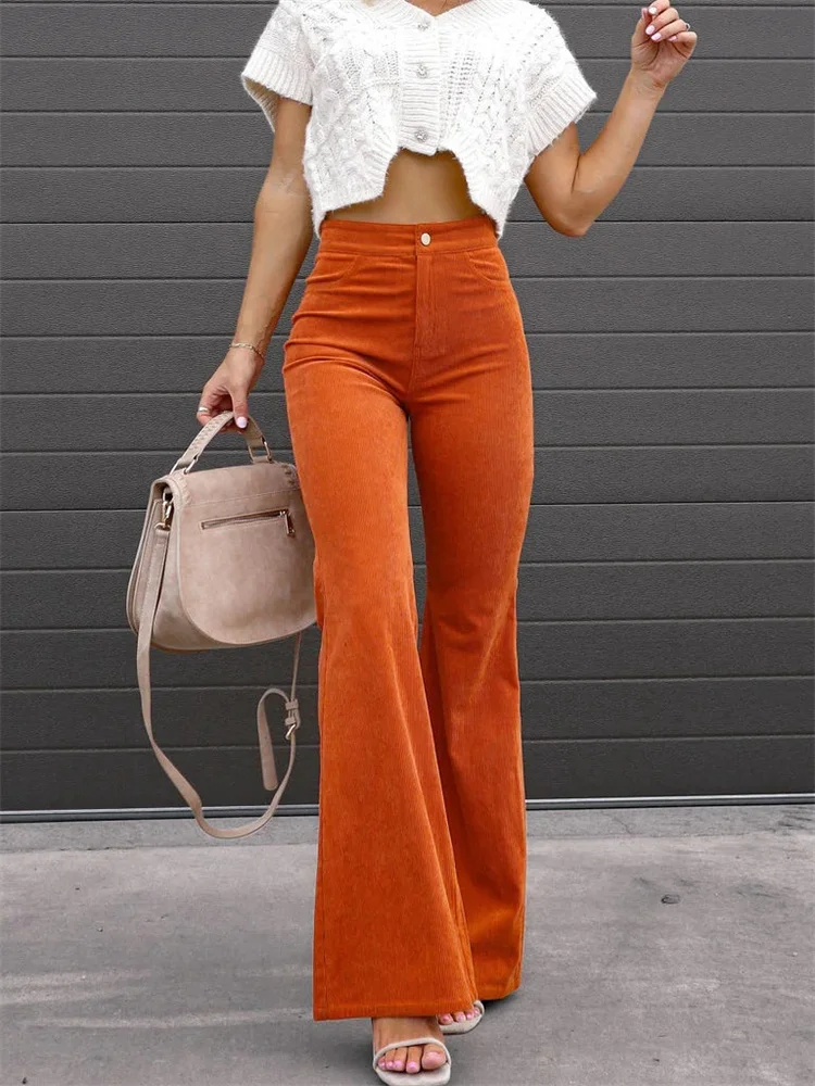 

Модные женские длинные расклешенные брюки CHRONSTYLE, вельветовые брюки с высокой талией, элегантные однотонные брюки с колокольчиком, длинные спортивные брюки