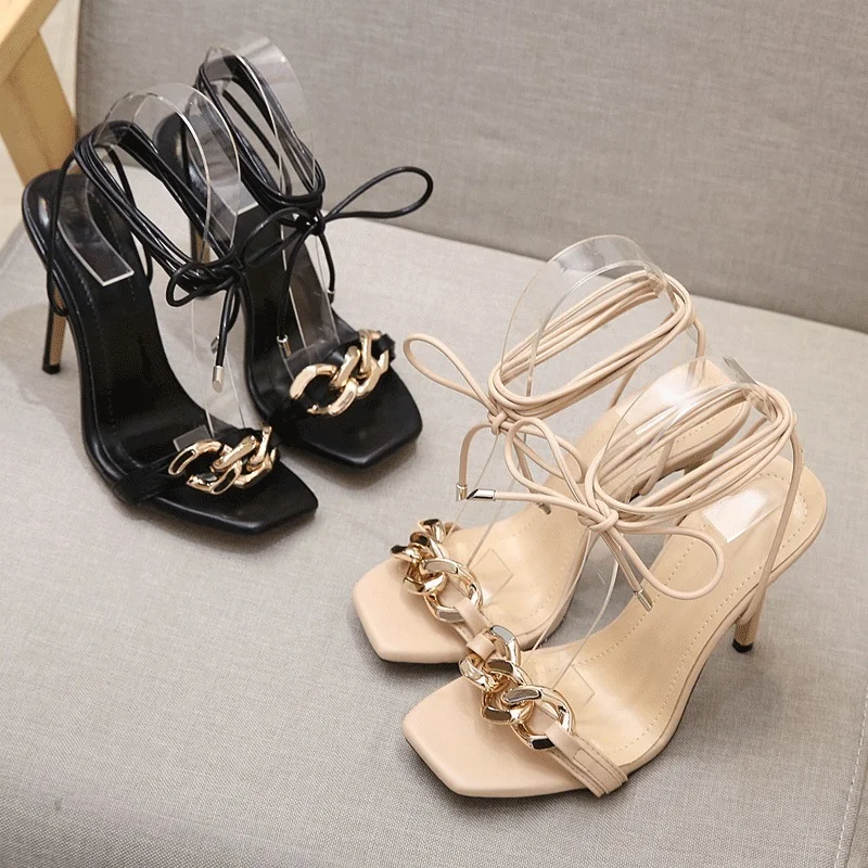 

2023 European and American Thin Strap Metal Chain Roman Strap Stiletto High-heeled Cross-border Large-sized High-heeled Sandals