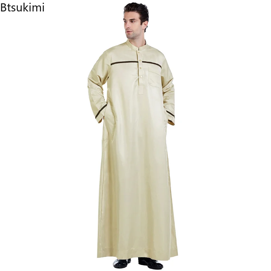 Muslim Jubba Thobe Islam Djellaba Men Plain Stand Collar Robe Middle East Turkish Arab Men Kaftan Business Long Sleeve Abayas