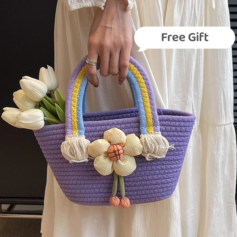 

Fashion Rainbow Rope Woven Hand Basket Mini Cute Flower Shopping Bag Beach Bag Daily Outdoor Storage Bag Photo Prop Free Gift