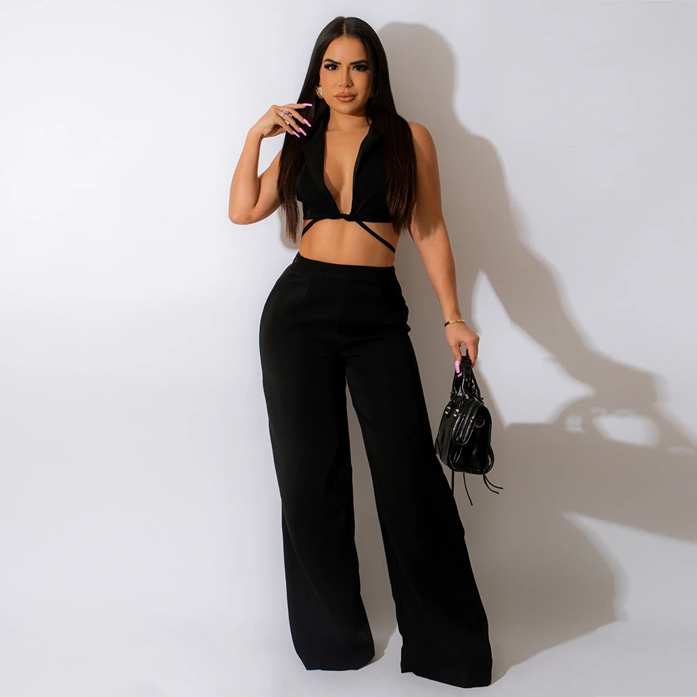 

Женский Повседневный костюм из двух предметов, привлекательный короткий топ без рукавов с английским воротником на шнуровке и широкие брюки с высокой талией, лето 2023