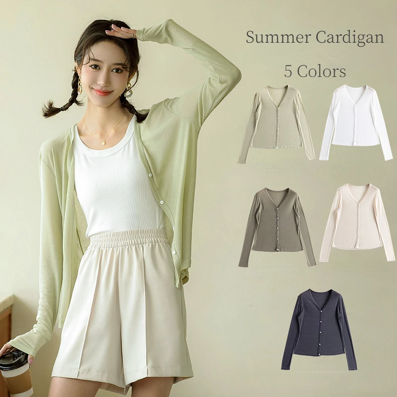 

Girls Long Sleeve Summer Cardigan Women Light Knitted Sweater Thin Button Up Summer Sweater Tshirt Sun Protection Knit Top Green