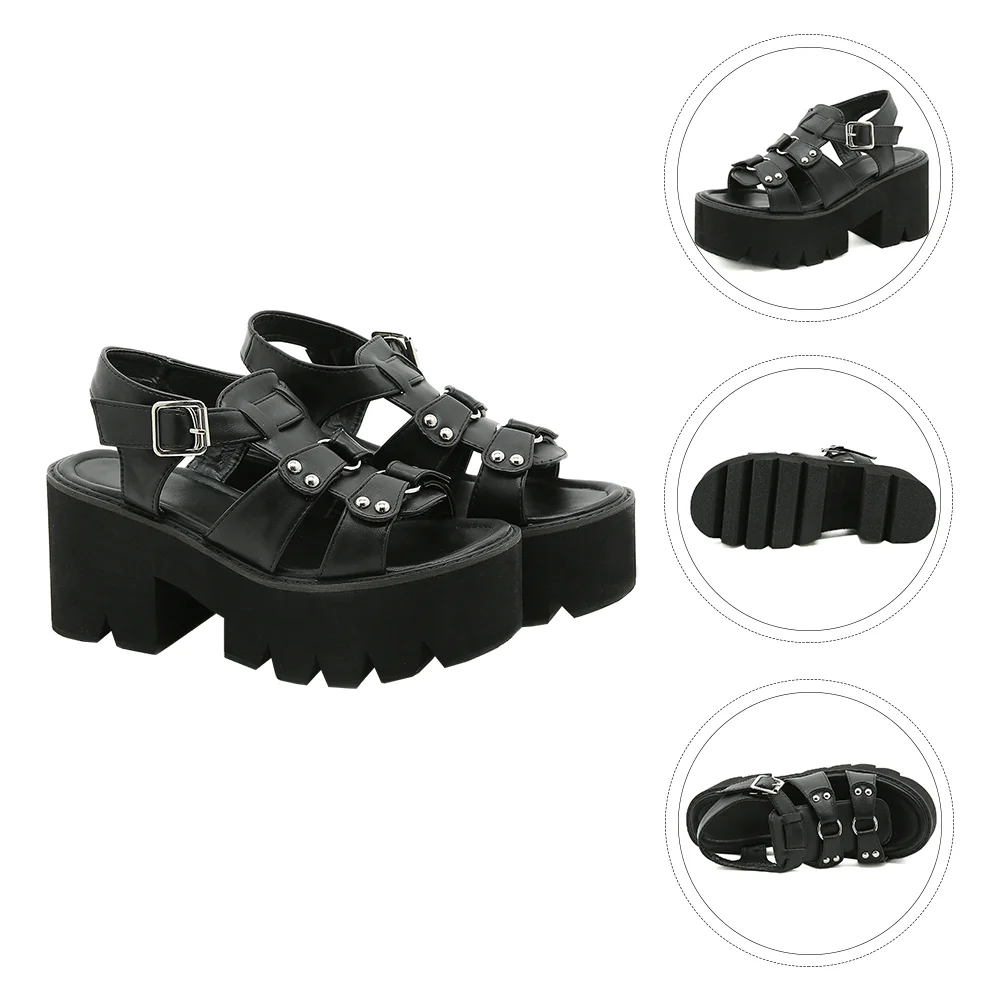 

Sandals Platform Roman Shoes Thick Rivet Strap Strappy Sole Chunky Heeled Fisherman Goth Toe Open Punk Women