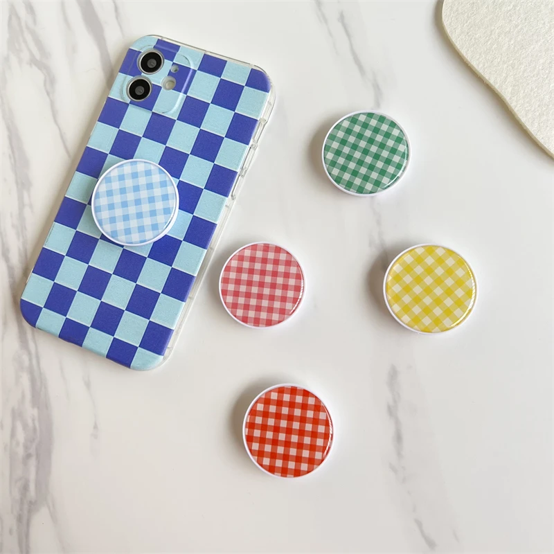 

Glossy Color Macaron Plaid Round Acrylic Finger Ring Elastic Folding Phone Holder Grip Tok Socket Talk for IPhone Huawei