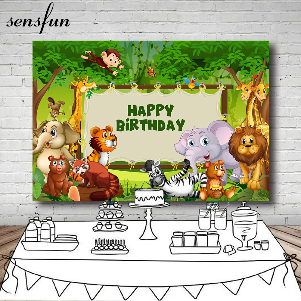 

Cartoon Animals Safari Jungle Backdrop Green Forest Elephant Lion Monkey Kids Birthday Party Photography Background Photocall