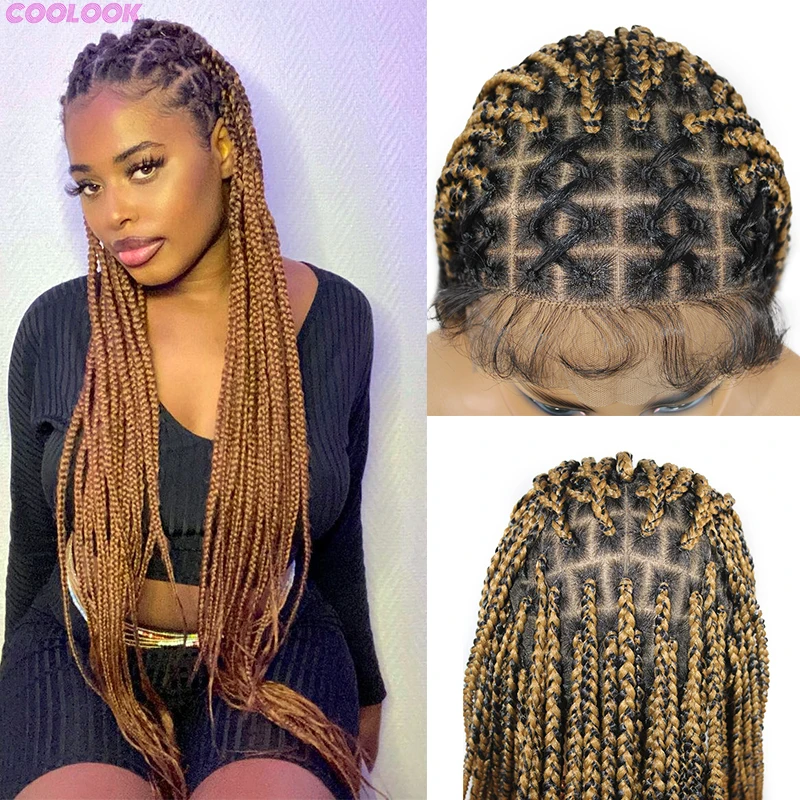 Ombre Blond Knotless Crisscross Braid Lace Front Women‘s Wigs 36‘’ Full Lace Box Braids Wig Long Synthetic Braided Box Braid Wig
