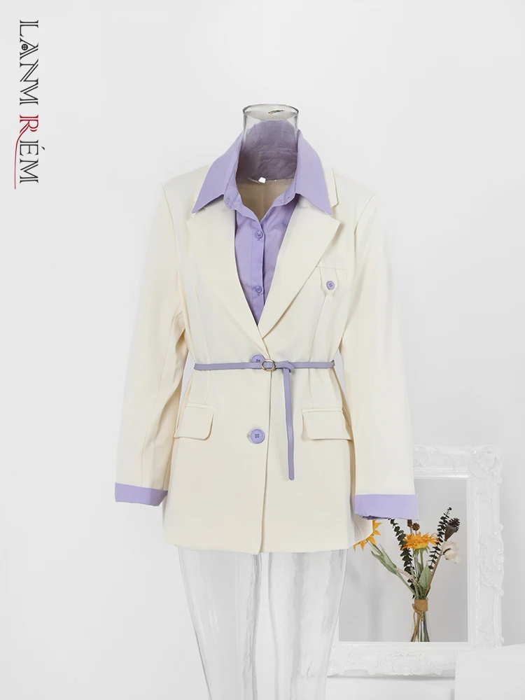 

Блейзер LANMREM в Корейском стиле контрастных цветов женский модный однобортный пиджак с отворотами и поясом Весна 2024 Новинка 2AA2411