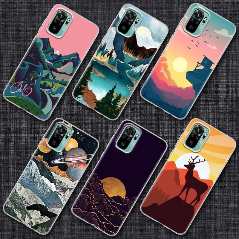 

Scenery Clear Silicone Fundas For Xiaomi Redmi 9 9A 9C 9T 10 Cases Note 7 8 9 9S 10 11 Pro Cover Forest View Sun Moon Starry Sky