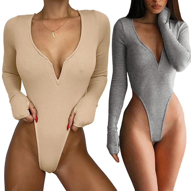 

Women Casual Short Jumpsuit Summer Solid Color Ribbed V-neck Slim Fit Long Sleeve Tops Bodysuit Female Summer Rompers Shorts