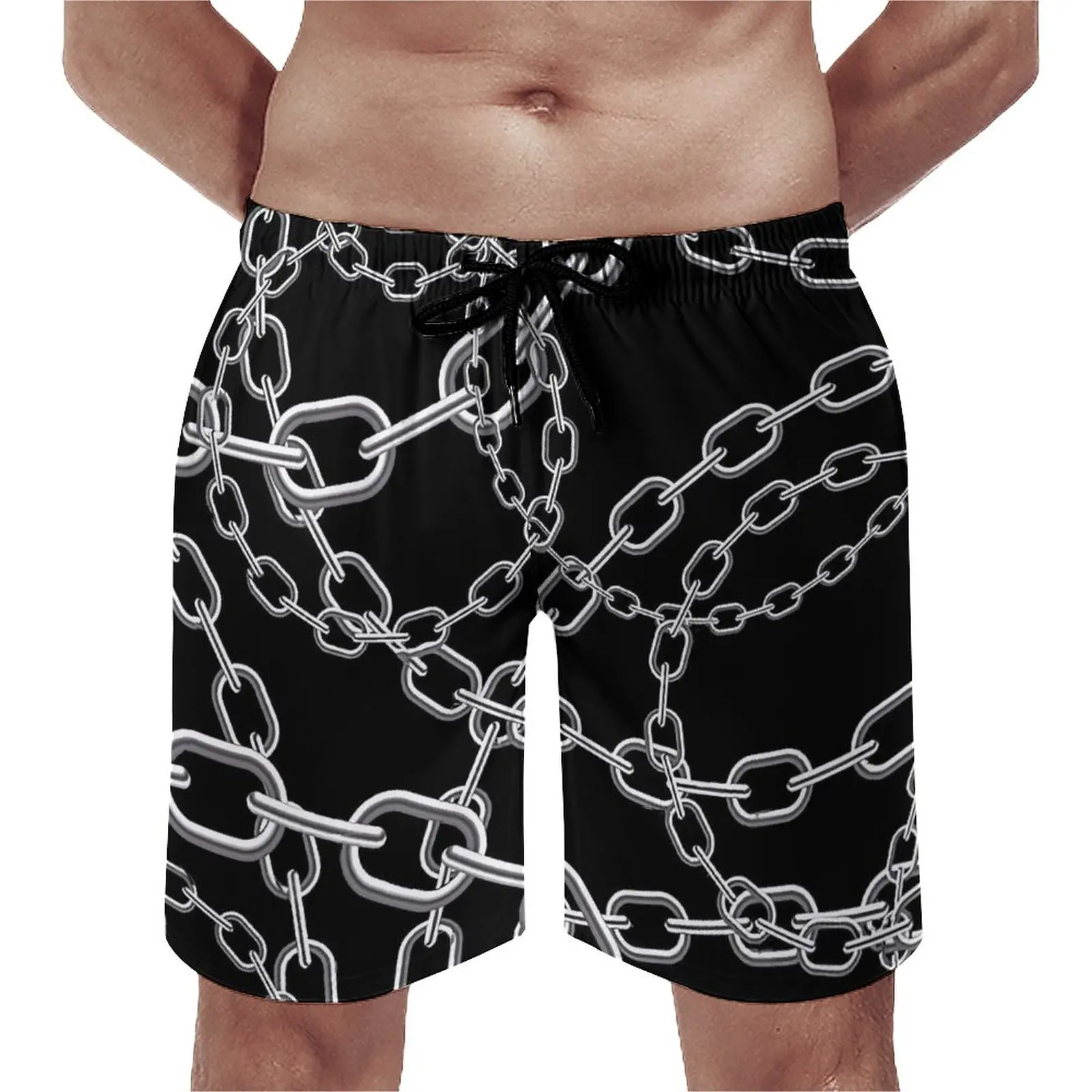 

White Chain Board Shorts Summer Links Print Casual Board Short Pants Males Sports Comfortable Graphic Swimming Trunks