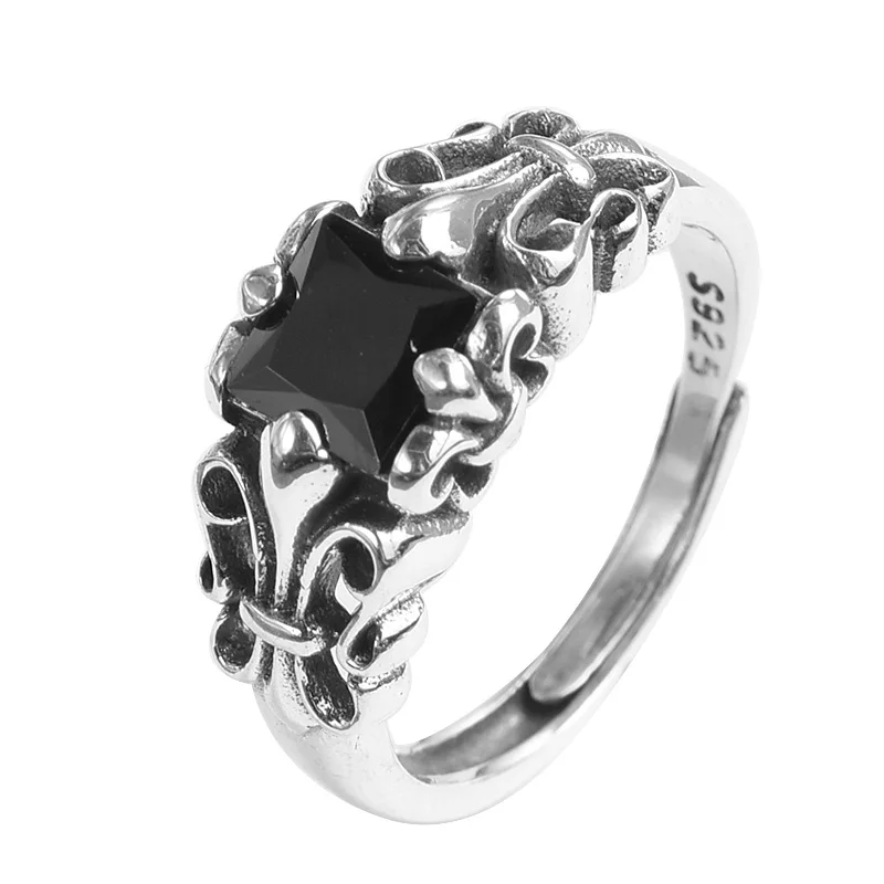 

Silver Man 925 Silver Unisex Personality Cross Trendy Open Ring for Men Vintage Thai Silver Hip Hop Black Ring