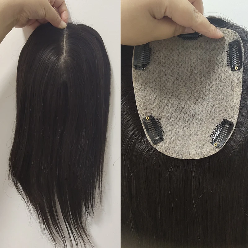 Free Part 16x18 cm Jet Black Skin Base Human Hair Topper With 4 Clips In Silk Top Virgin Toupee for Women Fine Hairpiece