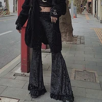 harajuku punk gothic flare pants women grunge street vintage mall goth lace patchwork hollow out dark black velvet pants