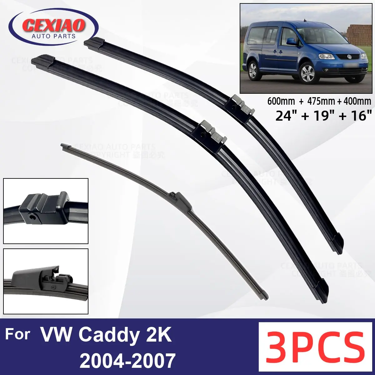 

For VW Caddy 2K 2004-2007 Car Front Rear Wiper Blades Soft Rubber Windscreen Wipers Auto Windshield 24"+19"+16" 2005 2006 2007