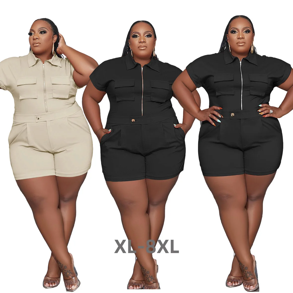 Plus Size Women Casual Shorts Two Pieces Set Fashion Pockets Turn Down Neck Short Sleeves t Shirt Sport Short 3xl 4xl 5xl 6xl