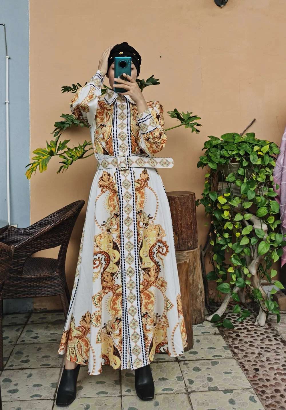 Muslim Fashion Printed Abaya Dress Female Caftan Long Sleeve Kaftan Moroccan Dubai Gown Arabian Jalabiya for Women