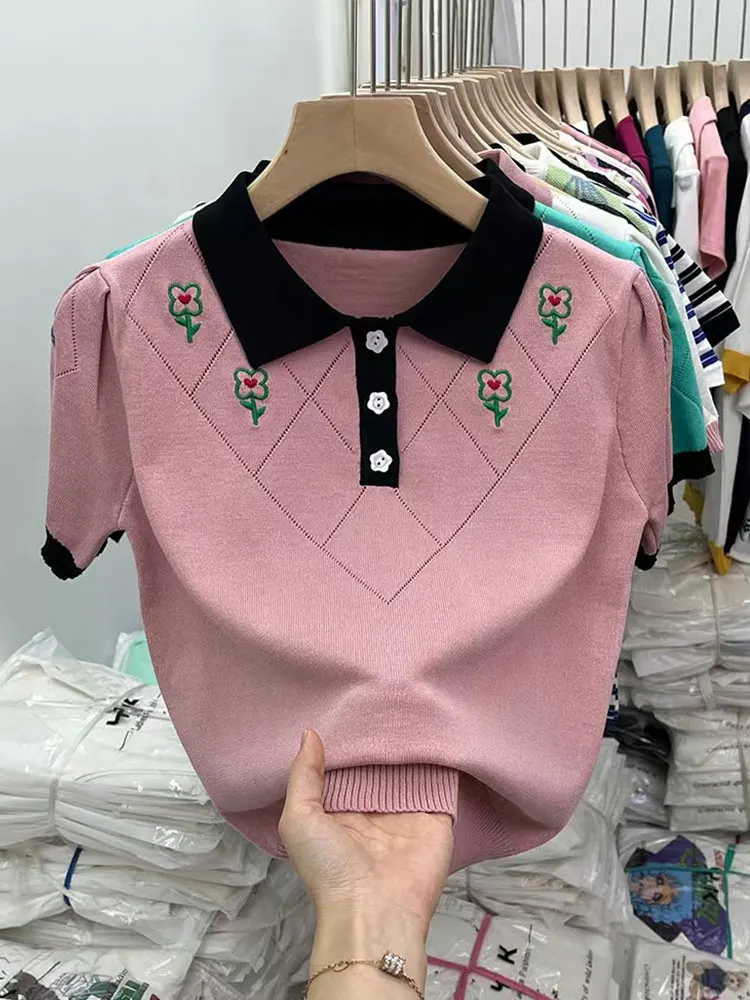 

Summer Vintage Women's Tshirt Turndown Neck Embroidery Short Sleeve Fashion Patchwork Knit T-shirt Female Tee Shirt Femme Tops