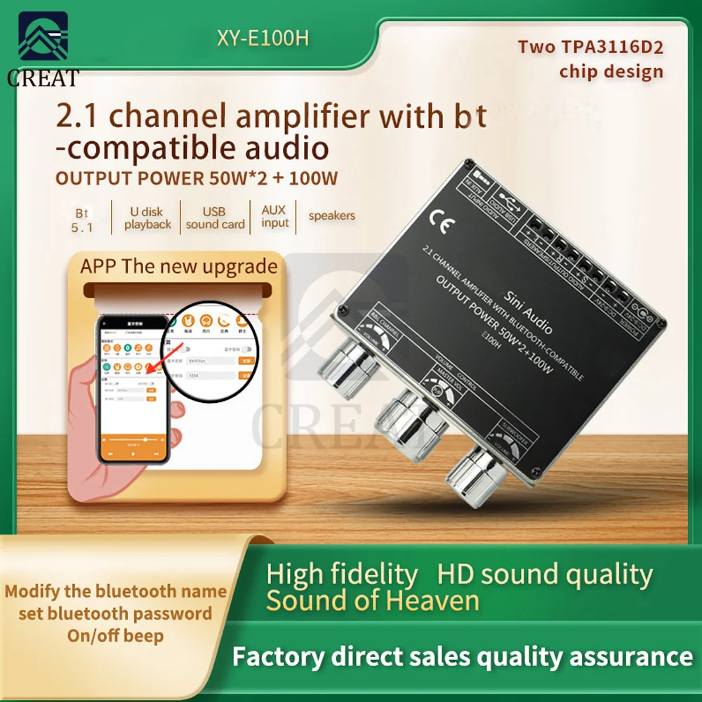 

XY-E100H 2.1 Channel Bluetooth 5.1 Audio Amplifier Board Module High and Low Tone Subwoofer TPA3116