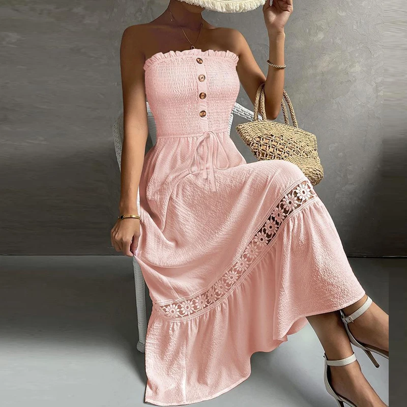 

Fashion Ruffle Strapless Beach Long Dress Sexy Off Shoulder Button Lace Up Party Dress 2023 Summer Elegant Lace Patchwork Dress