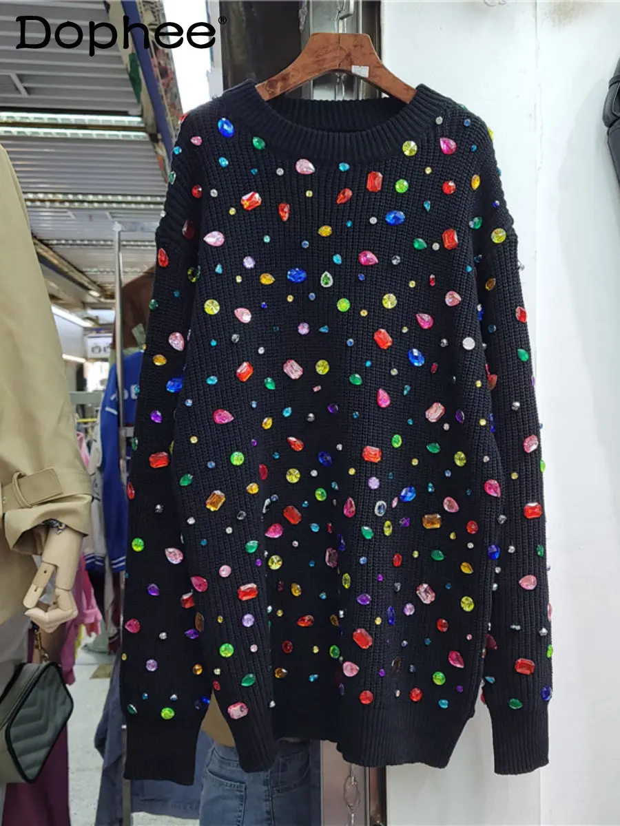 

Autumn Winter Heavy Industry Manual Beaded Color Diamond Knitted Pullover Women Sweaters Lazy Mid-Length Loose Oversized Sweater