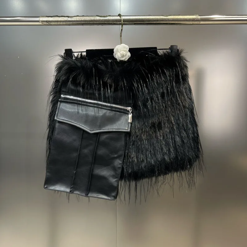 

PREPOMP 2023 зимняя новая коллекция из искусственного лисьего меха карман с высокой талией черная тонкая короткая юбка для женщин GM172