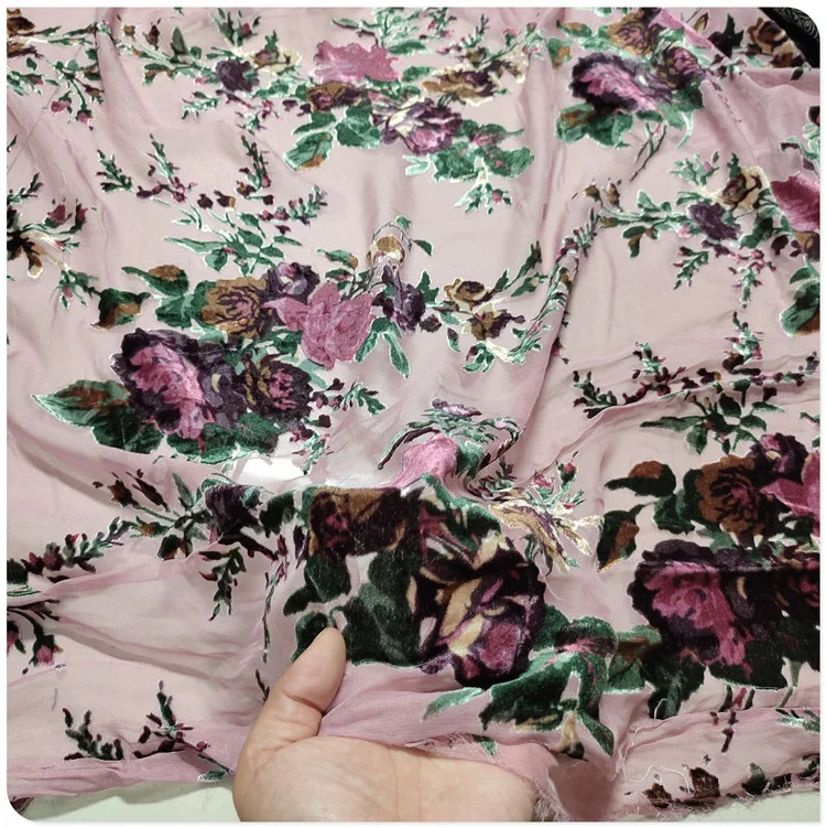 Tela de terciopelo de seda rosa, flor quemada de 1 metro, tela de Mulberry de alta calidad, tela de camisa Cheongsam